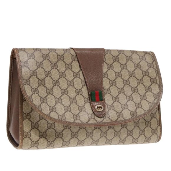 GUCCI GG Supreme Web Sherry Line Clutch Bag PVC Beige 156 01 031 Auth yk15347 - Picture 1 of 16